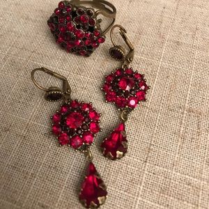 Vintage Swarovski crystals ruby earrings+ring